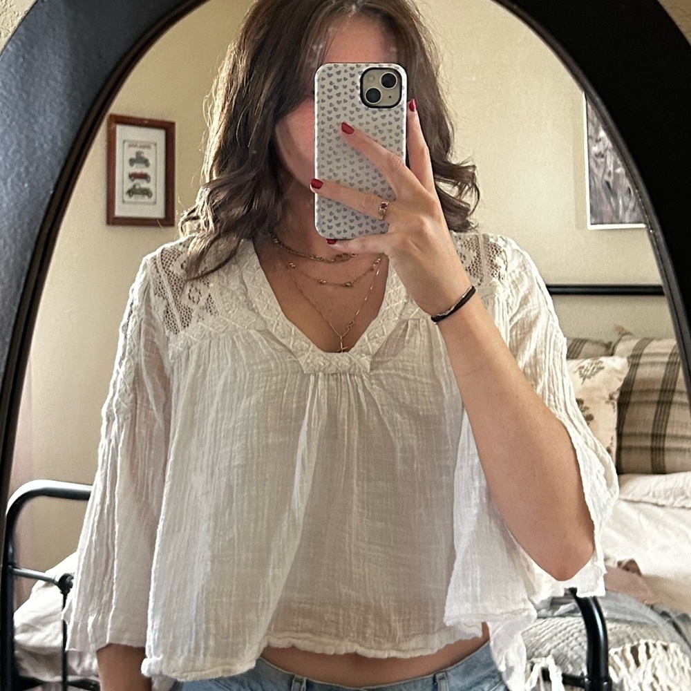 Free People Cream Lace Detail Blouse